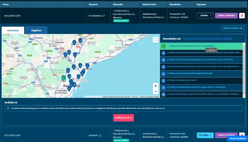Herramienta para SEO local Dino Rank Local-Orgánico-web SEO Local de Dino Rank en Barcelona para ITV Taxímetros por SEO Orgánico de la web